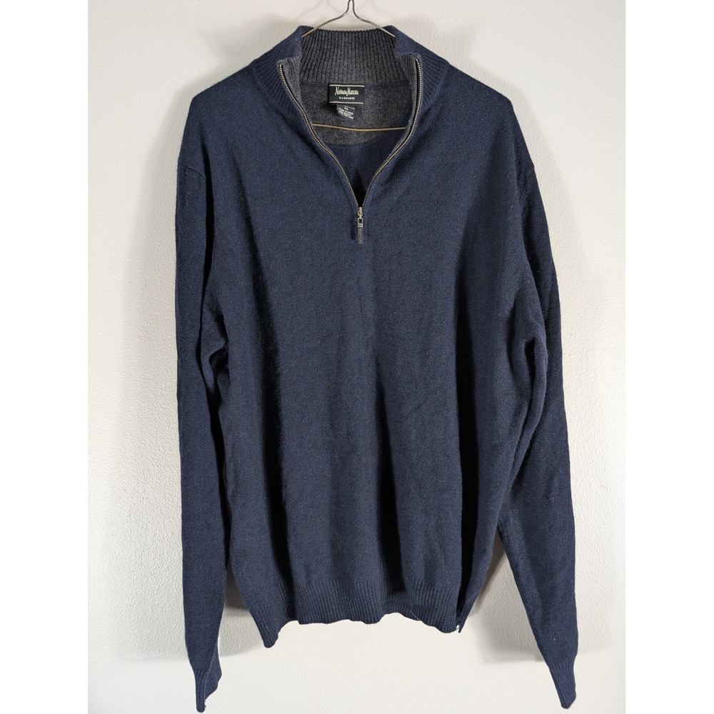 Neiman Marcus Men's XL Cashmere Quarter Zip Sweater Navy Blue Mock Neck